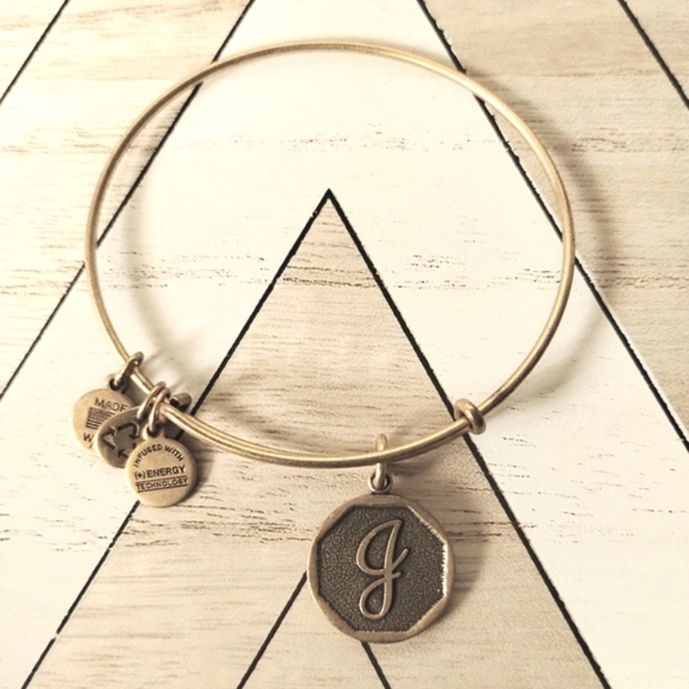 Alex and Ani Rafaelian Gold tone ‘J’ Initial Monogram Charm Bangle Bracelet